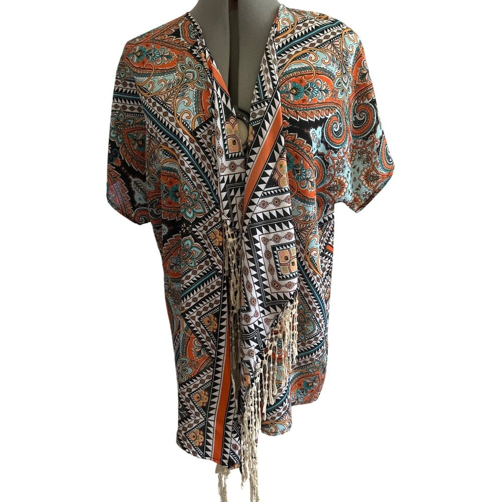 Cato Paisley & Geometric Print Kimono With Fringe Hem Lightweight Women’s Size L